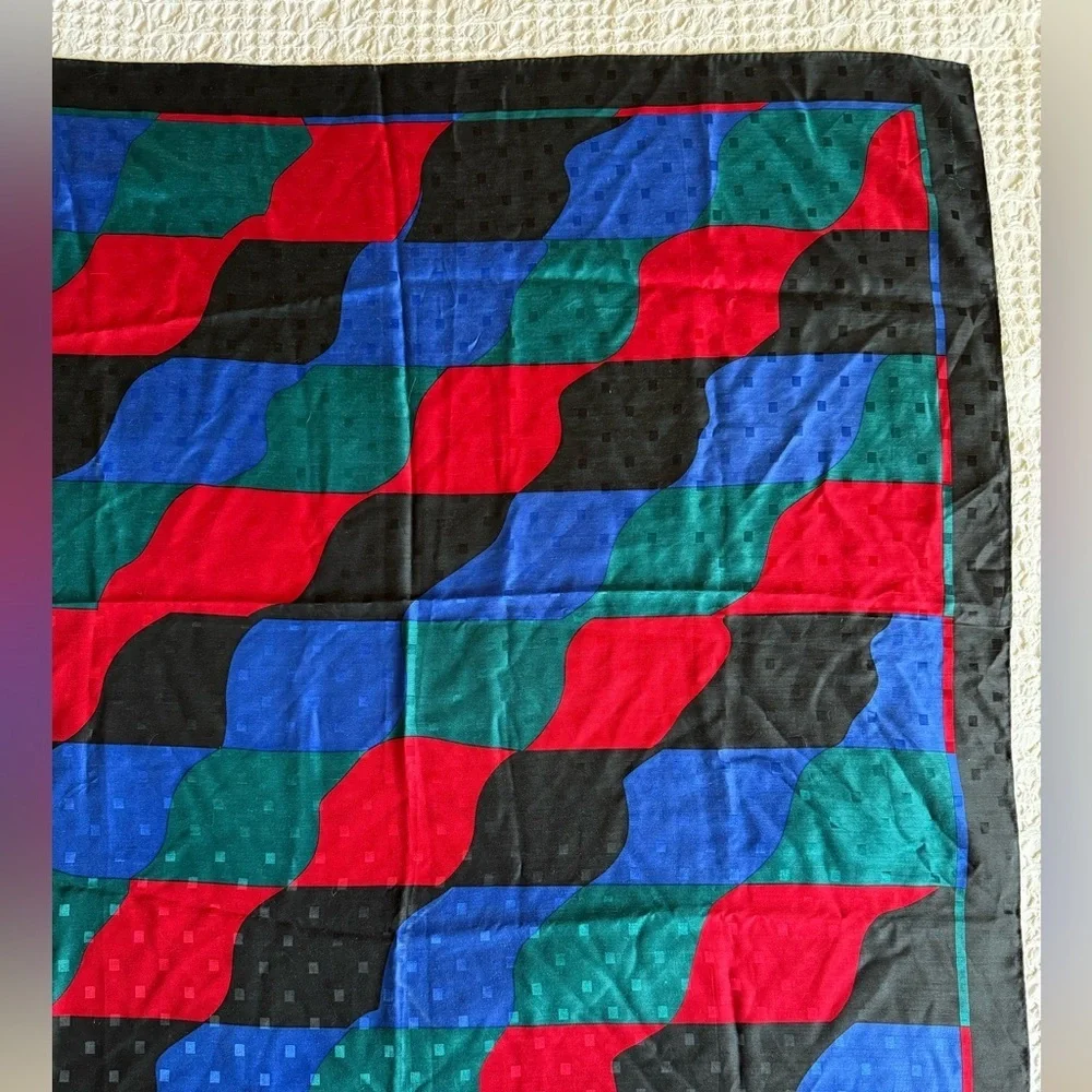 Ginnie Johansen Vintage Silk Scarf 35” Black Blue Green Red Rolled Edges